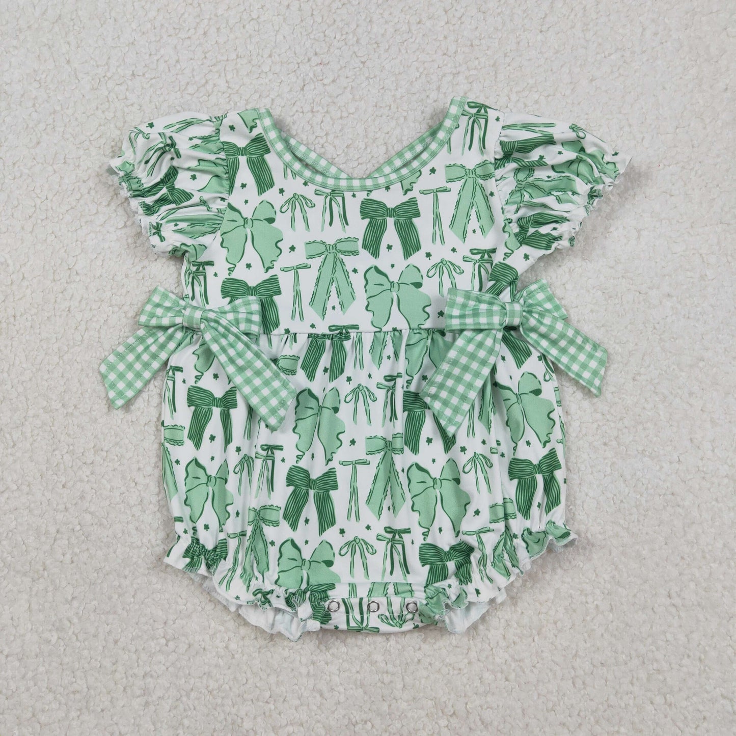 Baby Girls Green Clovers St Patrick Bows Ruffle Rompers