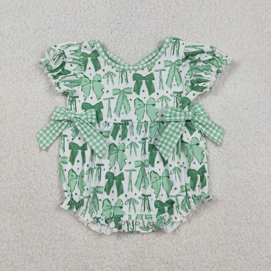 Baby Girls Green Clovers St Patrick Bows Ruffle Rompers