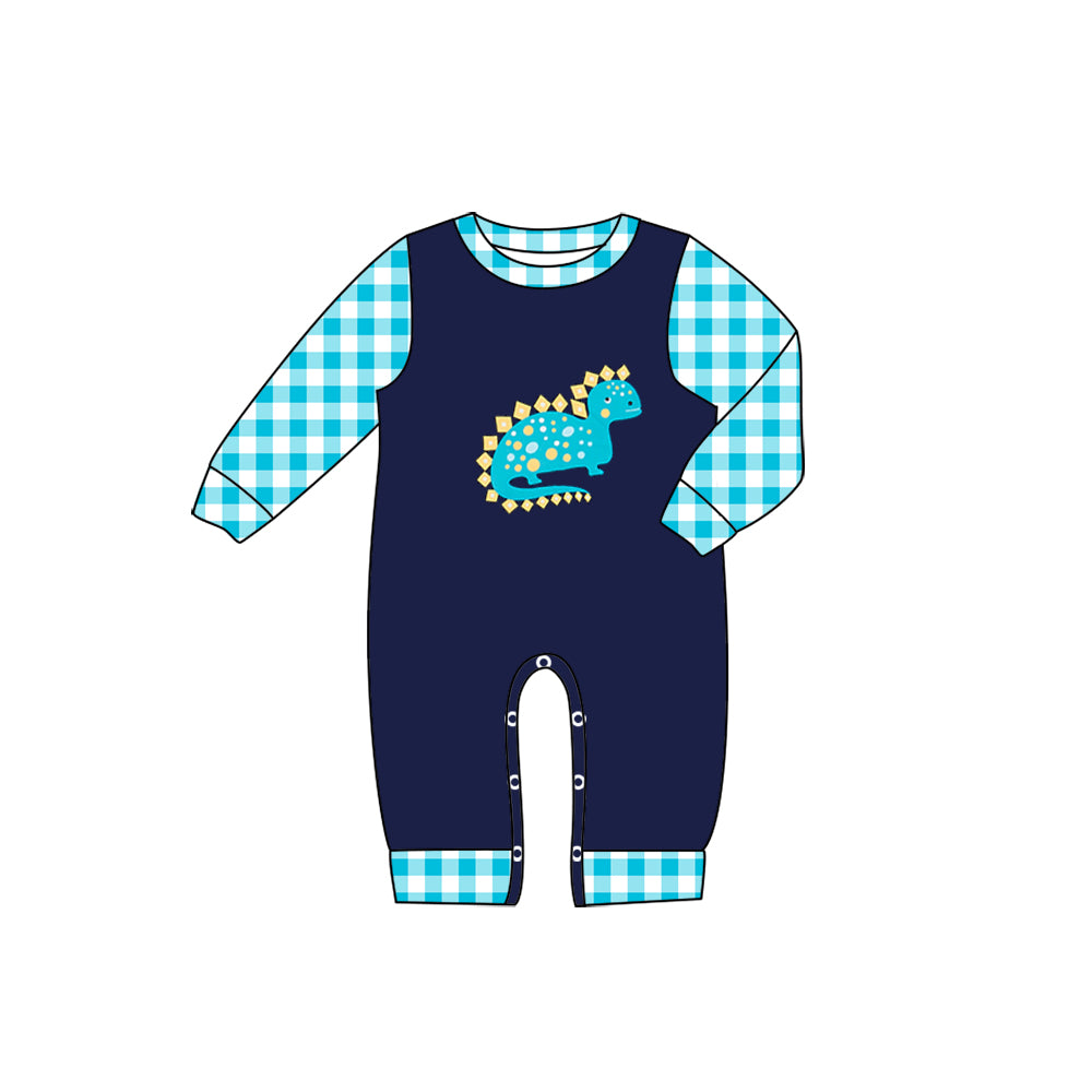 preorder(moq 5)Baby Infant Boys Navy Dinosaurs Checkered Long Sleeve Rompers