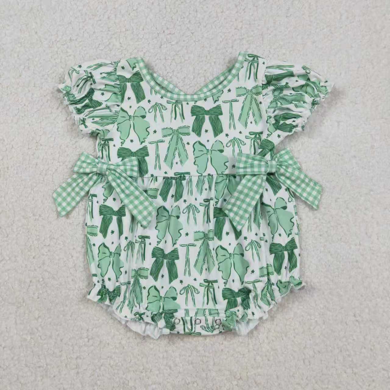 Sibling Baby Girls Green Bows Clovers Pockets St Patrick Knee Length Dress Ruffle Rompers