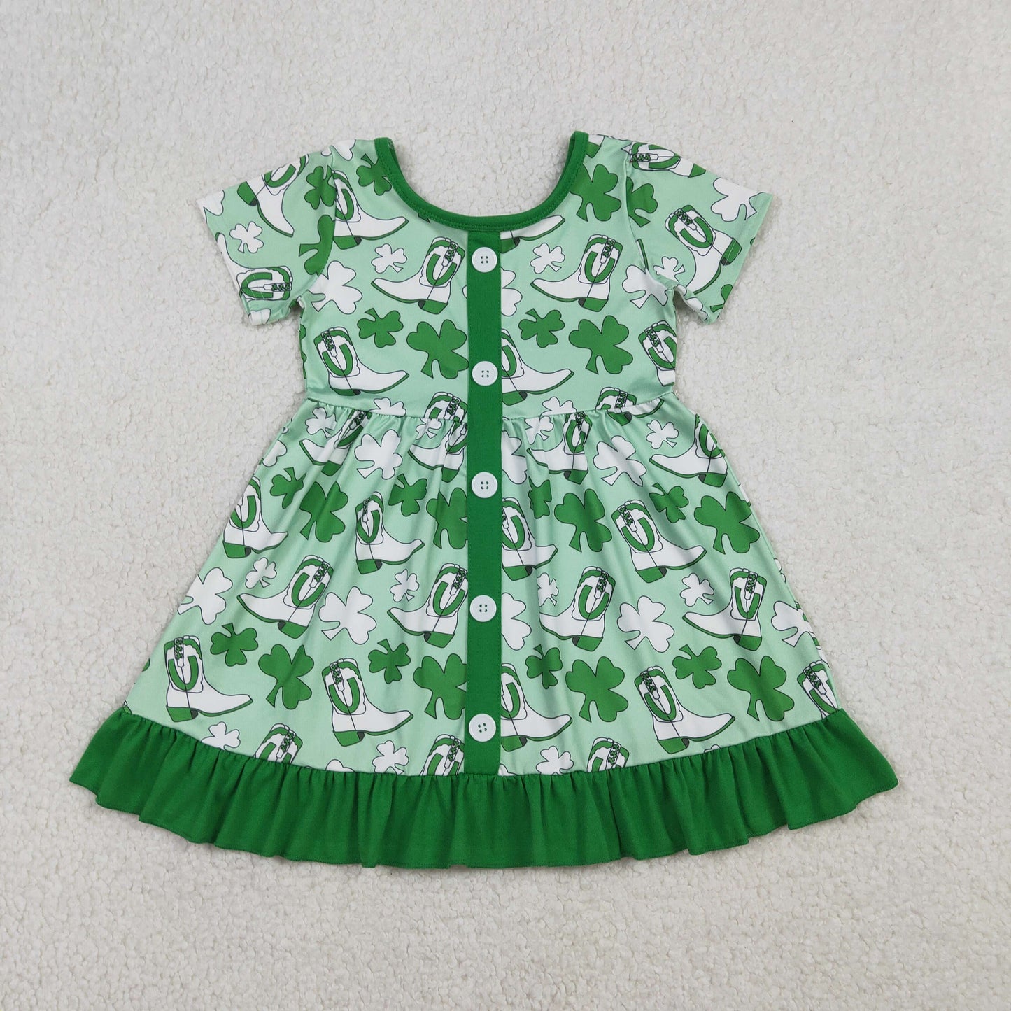 Baby Girls Green Clovers Boots St Patrick Ruffle Knee Length Dresses