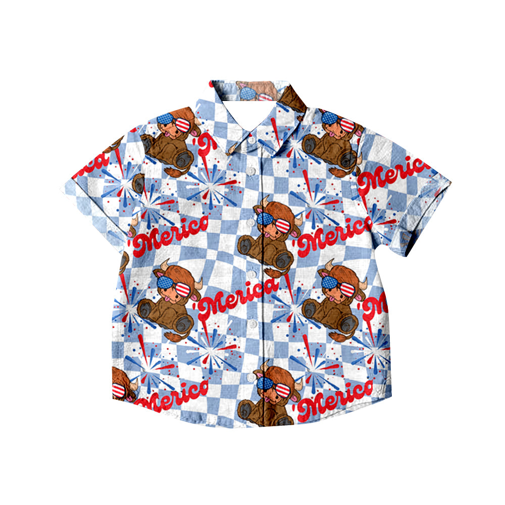 Baby Boys Highland Cows 4th Of July Buttons Short Sleeve Tee Shirts Tops preorder(moq 5)