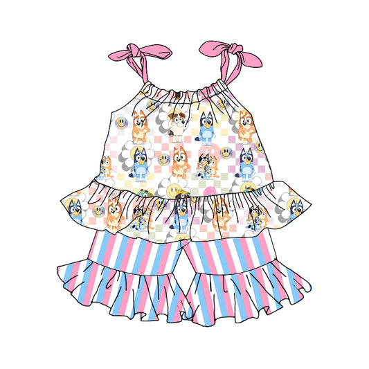Baby Girls Colorful Dogs Straps Tunic Summer Ruffle Shorts Clothes Sets preorder (moq 5)