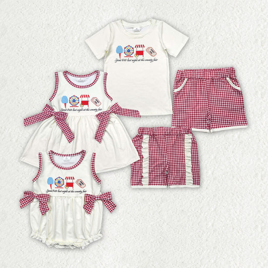 Sibling Baby Kids Ice Cream Store Top Red Plaid Pockets Shorts Sets Rompers
