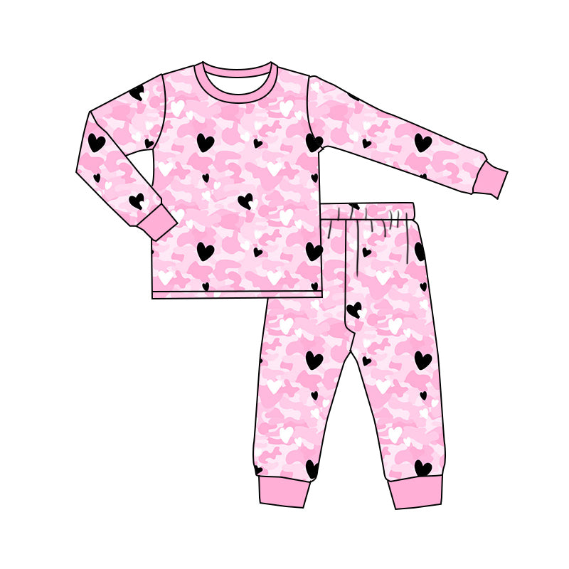 Baby Girls Pink Camo Hearts Tee Top Pants Pajamas Clothes Sets preorder(MOQ 5)