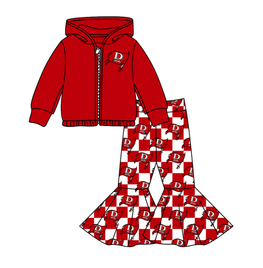 Preorder(moq 5) Baby Girls Red D Flags Zipper Hoodie Jacket Bell Bottom Pants Team Clothes Sets