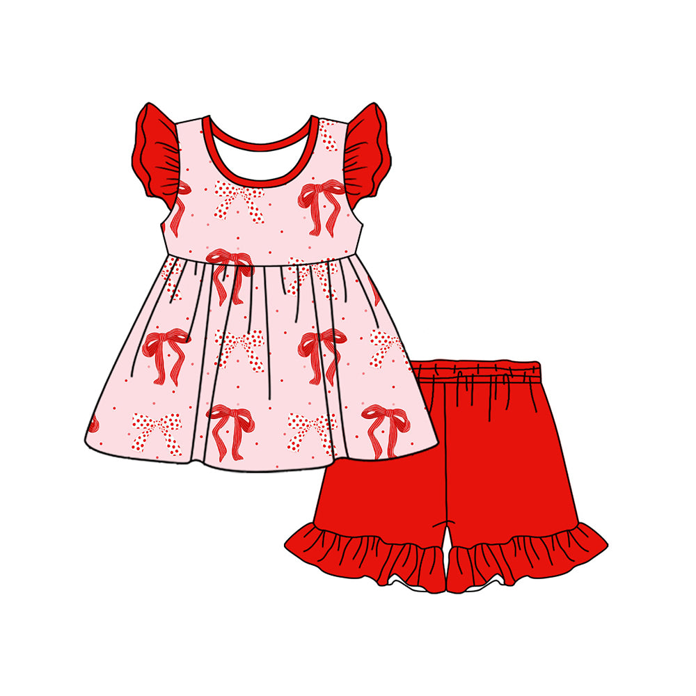 Preorder (moq 5)Baby Girls Red Bows Tunic Top Ruffle Shorts Clothes Sets