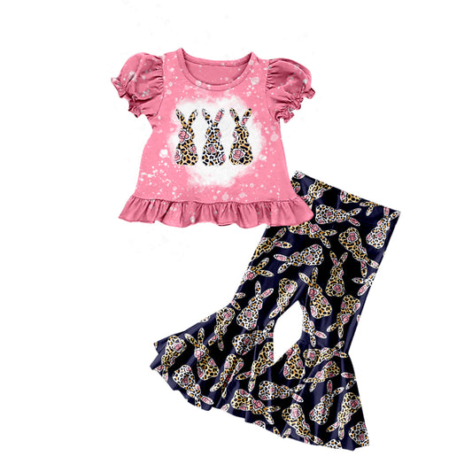 Baby Girls Easter Leopard Rabbits Tee Shirts Tops Bell Pants Clothes Sets preorder(moq 5)