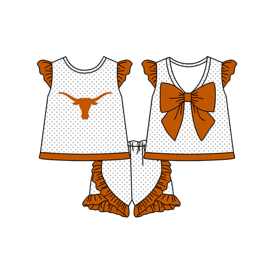 Preorder(moq 5)Baby Girls Longhorn Team Bow Tunic Ruffle Shorts Clothes Sets