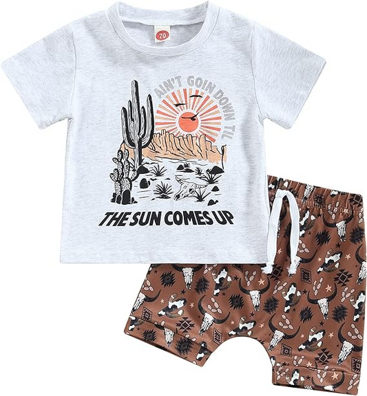 Baby Boys Cactus Shirt Brown Cows Western Shorts Clothes Sets preorder (moq 5)