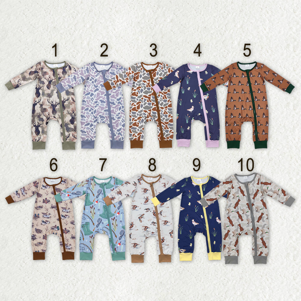 Sibling Baby Boys Long Sleeves Deer Ducks Fishing Camo Hunting Zip Rompers