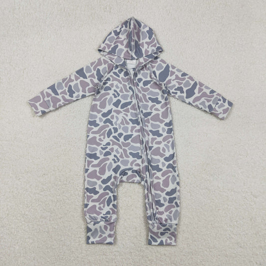 Baby Boys Grey Camo Hoodie Two Way Zip Convertible Rompers