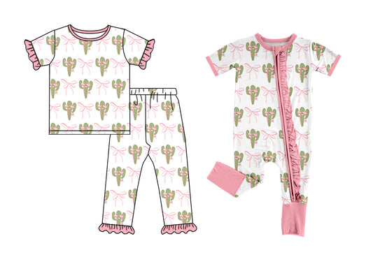 Preorder(moq 5 each)Baby Girls Pink Western Cactus Bows Top Pants Pajamas Zip Rompers Clothes Sets