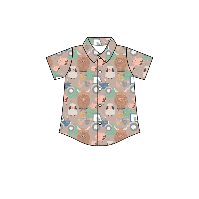 Baby Boys Farm Highland Cow Short Sleeve Buttons Tee Shirts Tops preorder (moq 5)