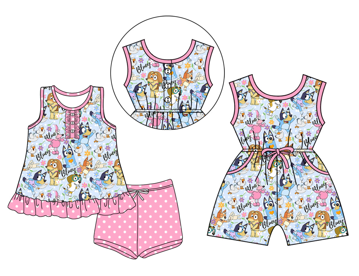 Preorder moq 5 Custom Baby Girls Pink Sleeveless Button Cartoon Dogs Tunic Polka Dots Short Set Pockets Jumpsuits