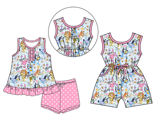 Preorder moq 5 Custom Baby Girls Pink Sleeveless Button Cartoon Dogs Tunic Polka Dots Short Set Pockets Jumpsuits