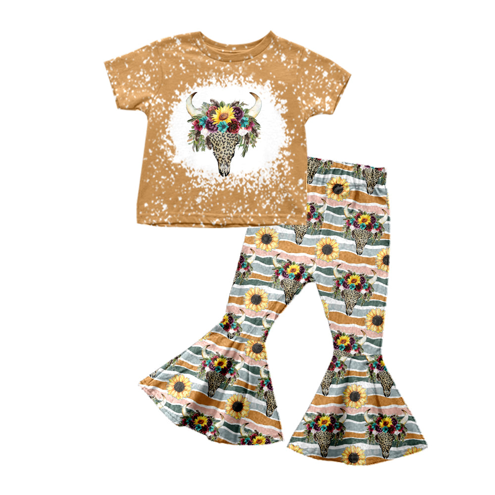 Baby Girls Western Cow Skull Sunflowers Tee Top Bell Pants Clothes Sets preorder(MOQ 5)