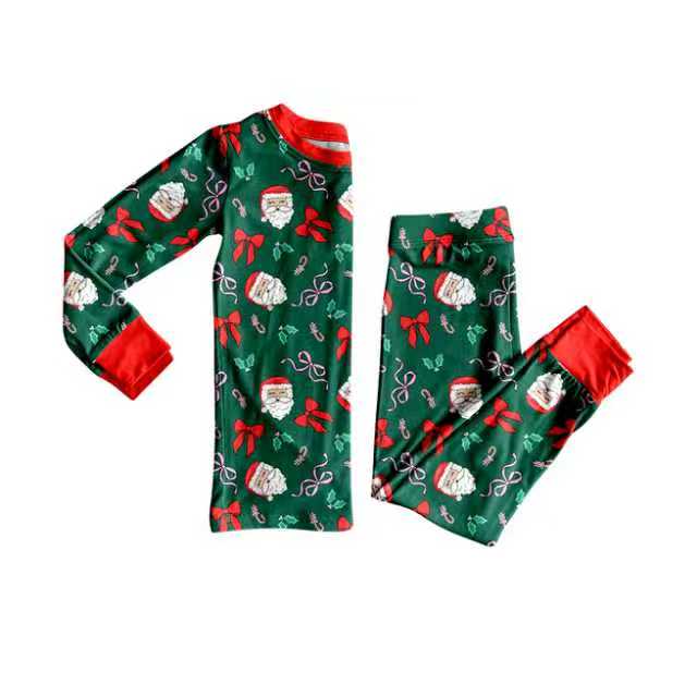 Preorder (moq 5)Baby Girls Santa Bows Candy Cane Top Pants Christmas Pajamas Set