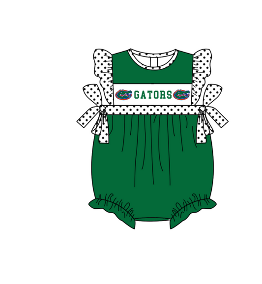 Preorder (moq 5)Baby Girls Polka Dots Flutter Sleeve Gators Team Ruffle Rompers