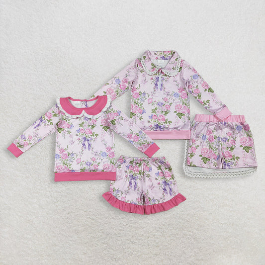 Sibling Baby Girls Long Sleeve Pink Flowers Collar Top Ruffle Skirt Shorts Clothes Sets