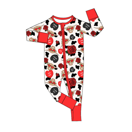 Infant Baby Kids Girls Valentines Highland Cow Zip Rompers preorder(moq 5)