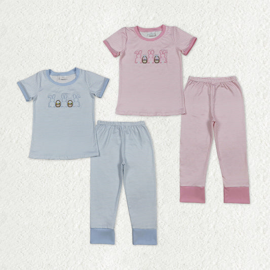 Sibling Baby Kids Embroidery Rabbits Eggs Stripe Top Pants Easter Pajamas Sets