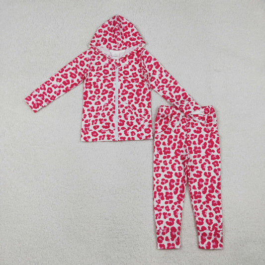 Baby Girls Pink Leopard Zipper Pockets Hoodies Top Joggers Clothes Sets