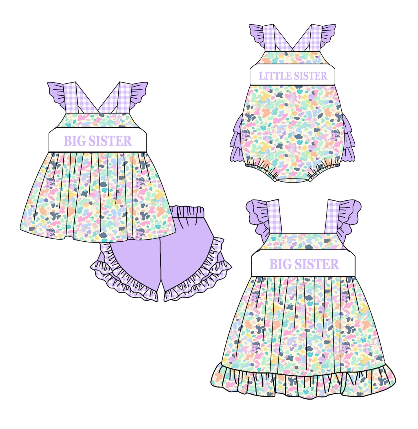 Preorder(moq 5 each)Sibling Baby Girls Lavender Leopard Big Little Sister Straps Romper Dress Shorts Sets