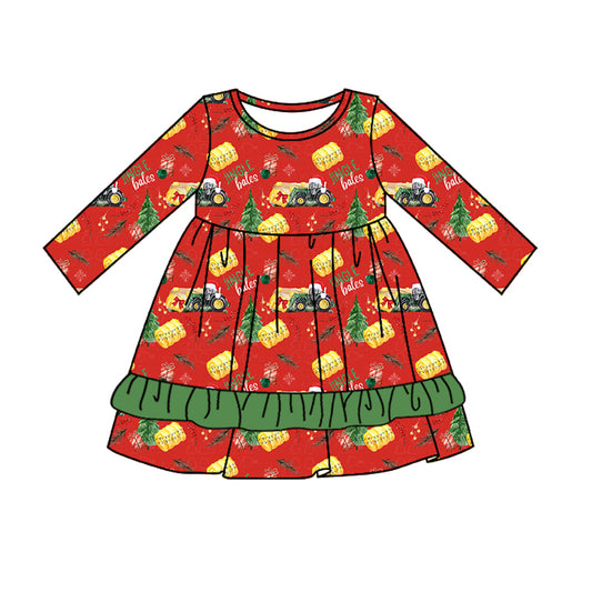 Baby Girls Christmas Tree Tractor Ruffle Knee Length Dresses preorder(MOQ 5)