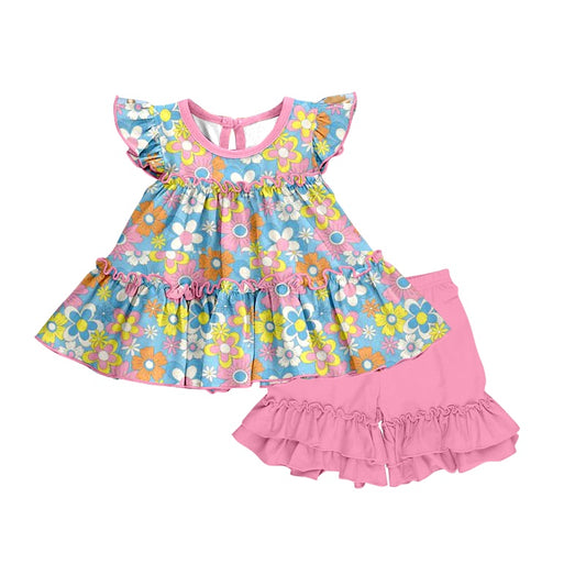 Baby Girls Blue Pink Flowers Tunnic Ruffle Shorts Clothes Sets preorder(moq 5)