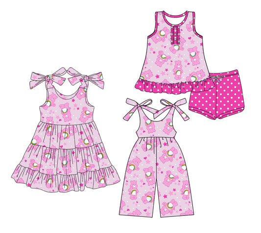 Preorder moq 5 Custom Baby Girls Pink Rainbow Bears Tunic Polka Dots Shorts Set Knee Length Dress Jumpsuits