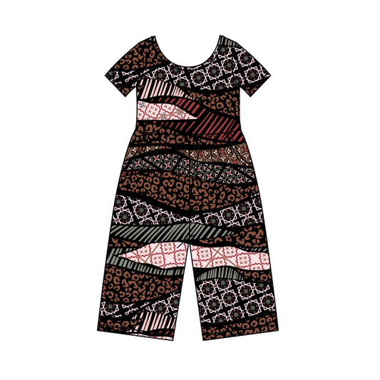 Baby Girls Short Sleeve Brown Leopard Stripes Pockets Jumpsuits preorder(MOQ 5)