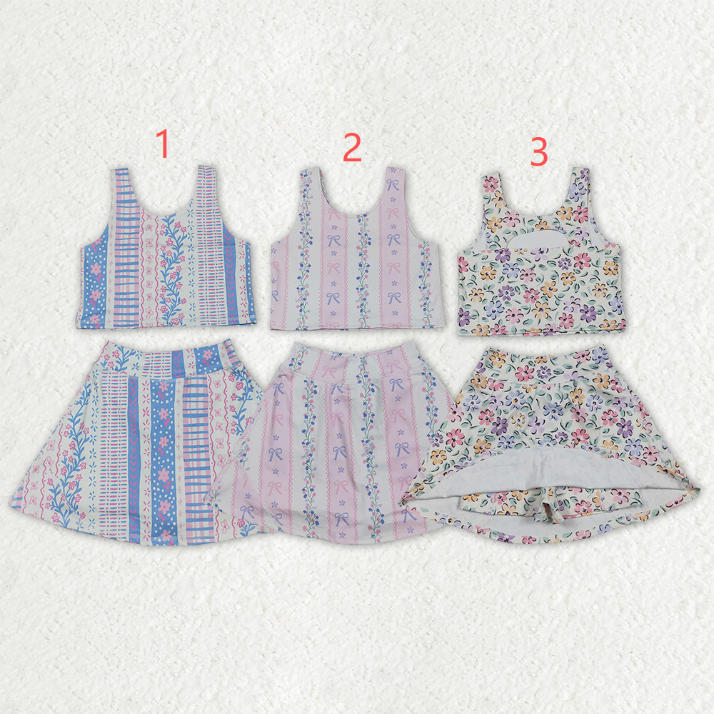 Sibling Baby Girls Sleeveless Colorful Flowers Vest Skirt Shorts Yoga Active Clothes Sets