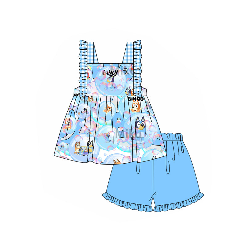 Preorder (moq 5)Baby Girls Blue Dogs Balloons Tunic Top Ruffle Shorts Clothes Sets
