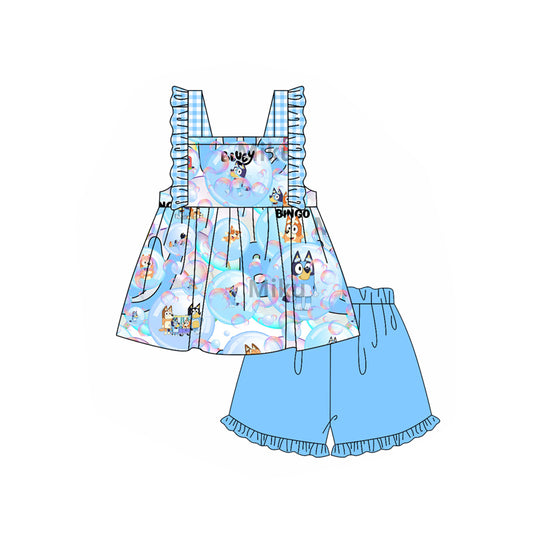 Preorder (moq 5)Baby Girls Blue Dogs Balloons Tunic Top Ruffle Shorts Clothes Sets