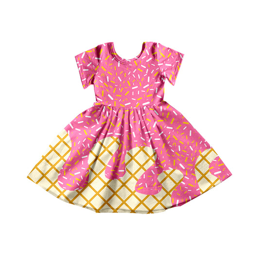Preorder moq 5 Baby Girls Pink Ice Cream Drips Knee Length Dresses
