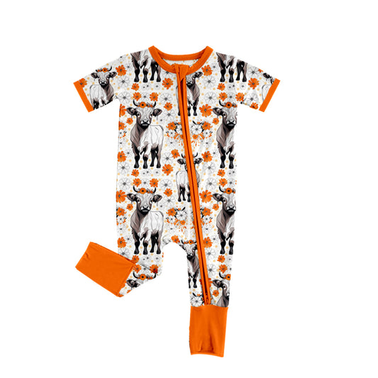 Baby Infant Girls Orange Flowers Cows Zip Rompers preorder(moq 5)