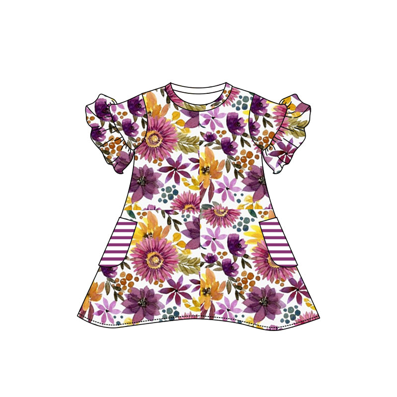 Baby Girls Purple Flowers Pockets Knee Length Dresses Preorder(moq 5)