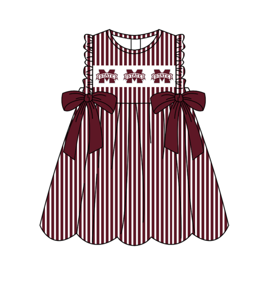 Preorder (moq 5)Baby Girls Sleeveless Dark Red Stripe M State Bows Team Knee Length Dresses