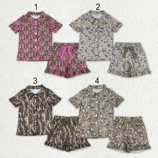 Sibling Adult Women Camo Bows Button Pocket Ruffle Shorts Hunting Pajamas Sets