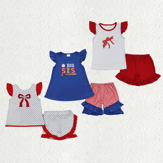 Sibling Baby Girls Embroidery Baseballs Summer Shorts Sets Clothes Sets