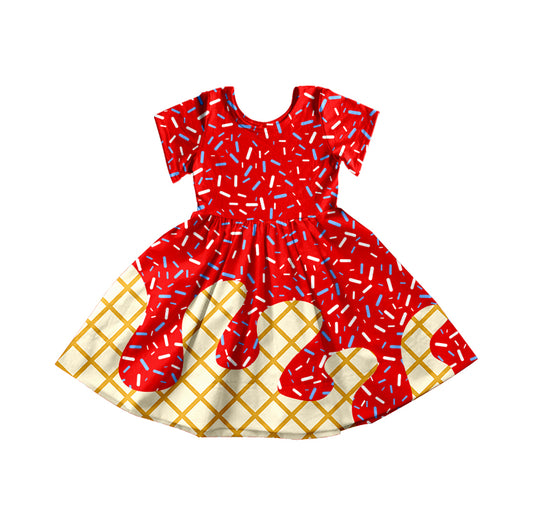 Preorder moq 5 Baby Girls Red Ice Cream Drips Sprinkles Knee Length Dresses