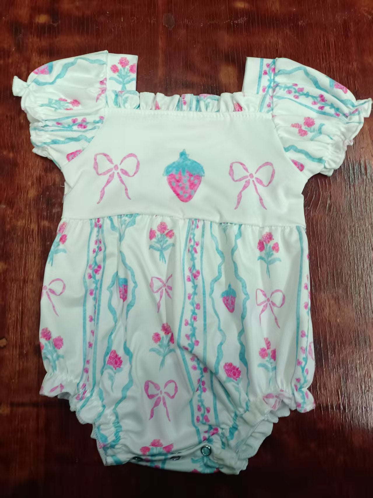 Preorder moq 5 Baby Girls Short Ruffle Sleeves Pink Bows Strawberry Floral Rompers