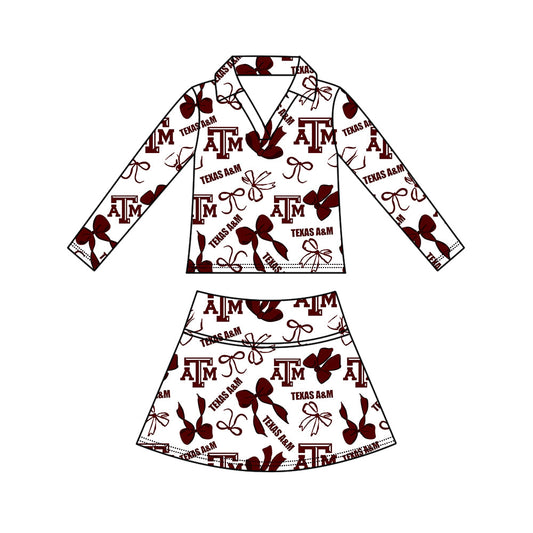 Preorder (moq 5)Baby Girls Bows Texas A&M Top Skirt Short Team Clothes Set
