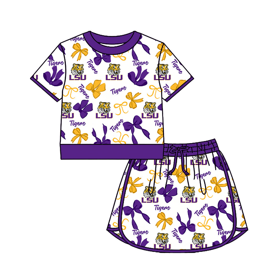 Preorder (moq 5)Baby Girls Bows LSU Tigers Top Skirt Short Team Clothes Set
