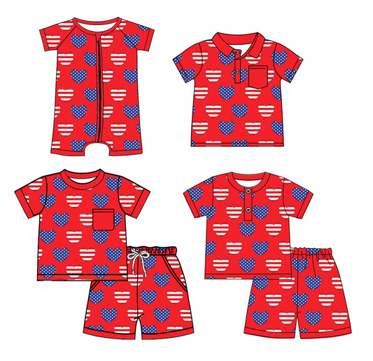 Preorder moq 5 Custom Baby Boys Red Short Sleeves Blue Hearts Stars Top Short Pajamas 4th Of July Set Polo Shirts And Zipper Rompers