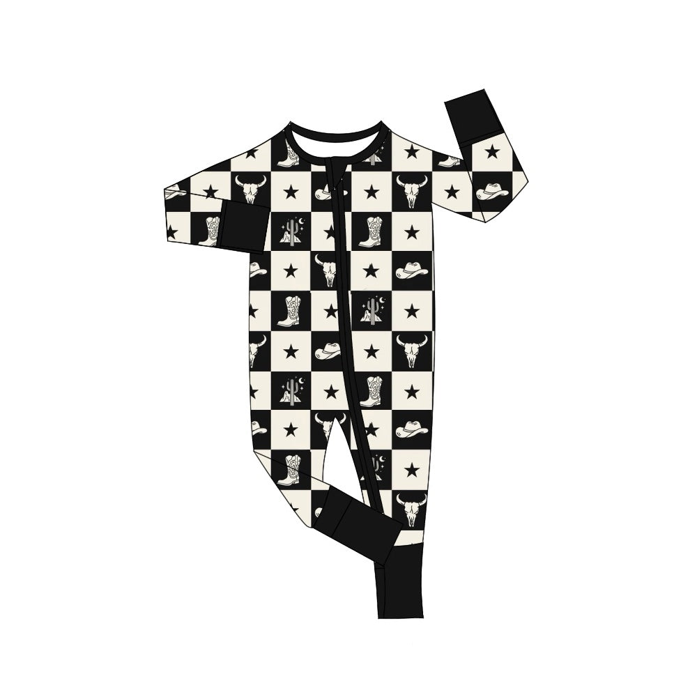 Baby Infant Boys Black Western Boots Cow Zip Rompers preorder(moq 5)