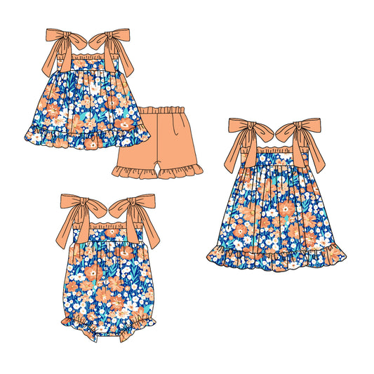 Preorder(moq 5 each)Sibling Baby Girls Orange Blue Flowers Tie Romper Dress Shorts Sets