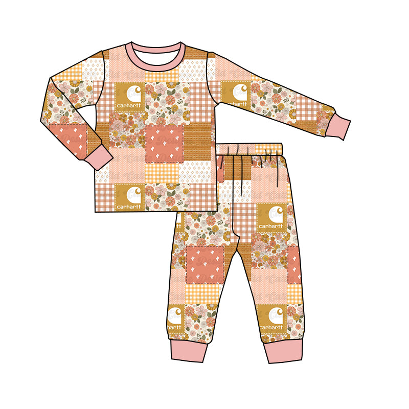 Baby Girls Pink Flowers Western Patchwork Shirt Pants Pajamas Clothes Sets Preorder(moq 5)