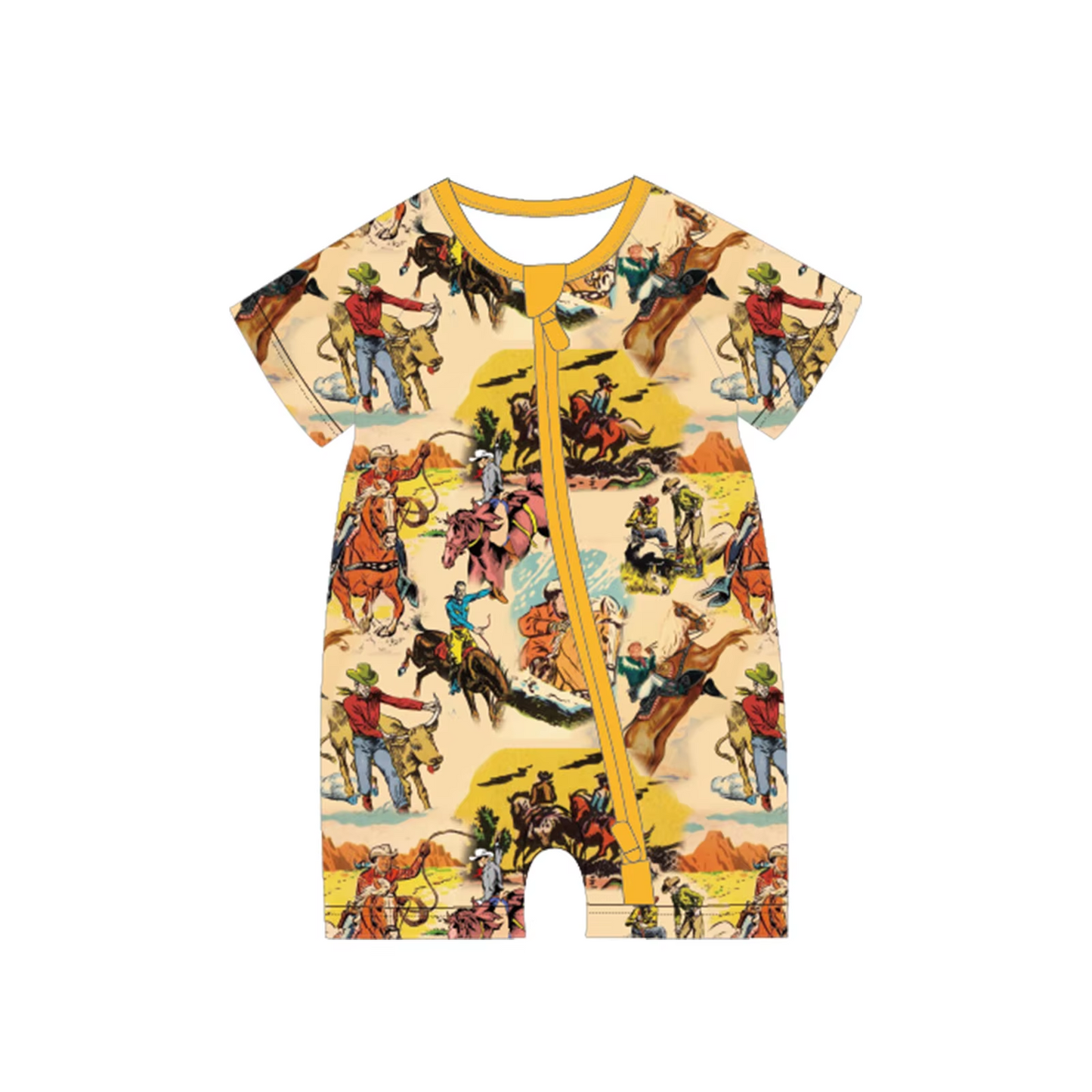 Preorder moq 5 Baby Boys Short Sleeves Horse Rodeos Zipper Rompers
